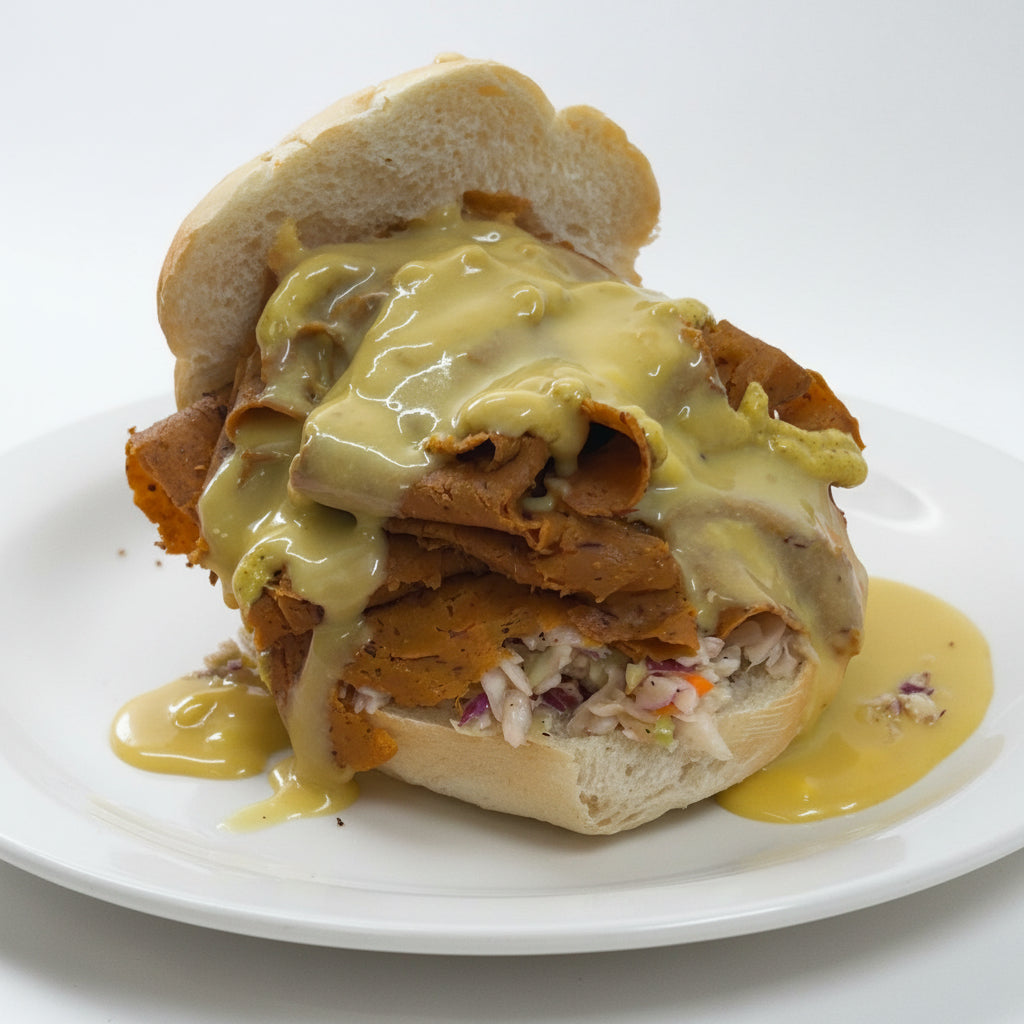 A sandwich named 'The Zeuben' with corned beef, cole slaw, Swiss cheese sauce, thousand island dressing, and deli mustard on a kaiser roll, served with a side of chips.