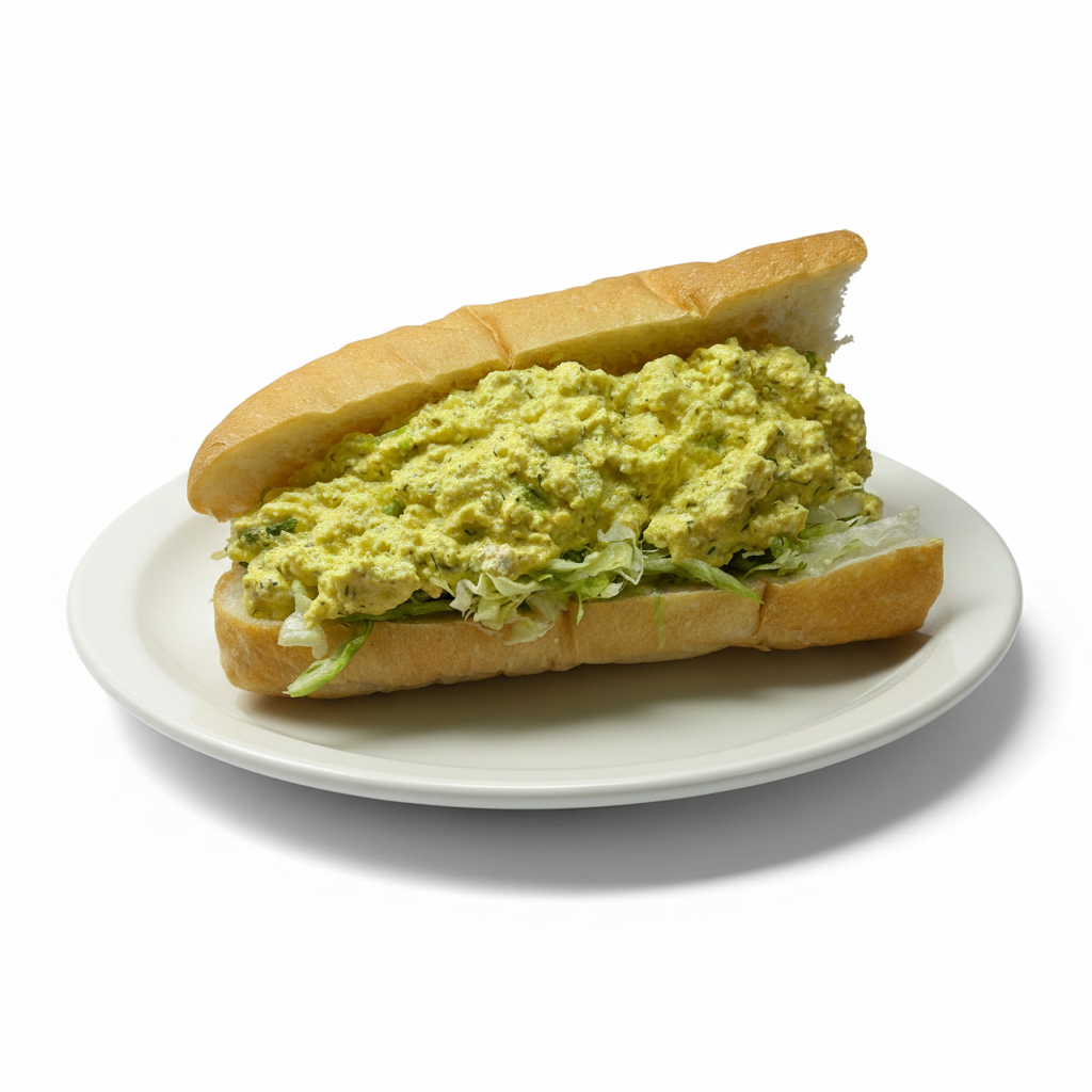 A vegan egg salad sandwich on a soft grinder roll with lettuce, presented on a red and white checkered paper.