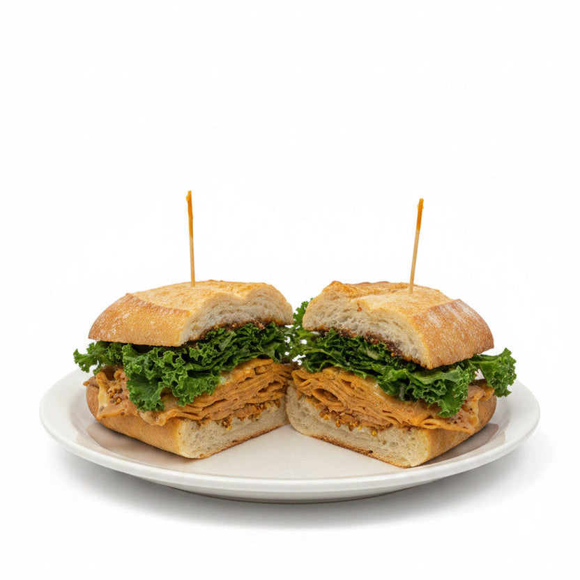 A sandwich named 'The Curly Fig' consisting of multiple layers of turkey seitan, fig preserves, whole grain mustard, and kale, served on a hard grinder roll bun.